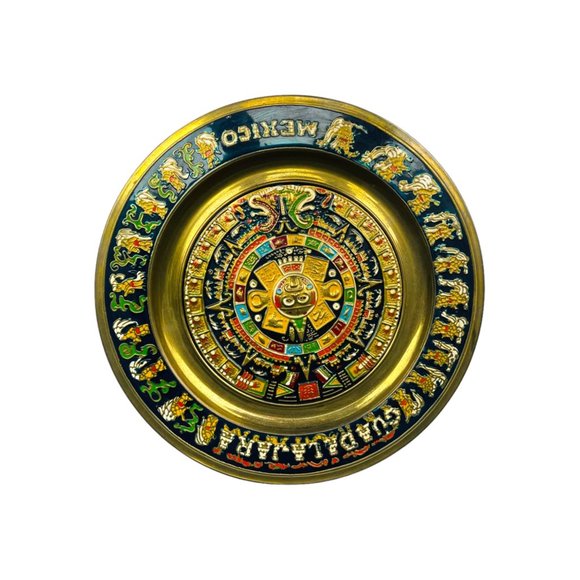 Vintage Guadalajara Mexico Decorative Brass Aztec Calendar Plate 11" - Picture 12 of 12